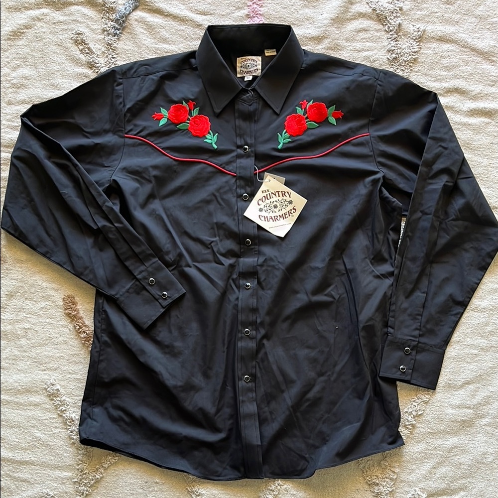 NEW ELY & Walker Country Charmers Western Rockabilly Shirt Embroidered Roses XL